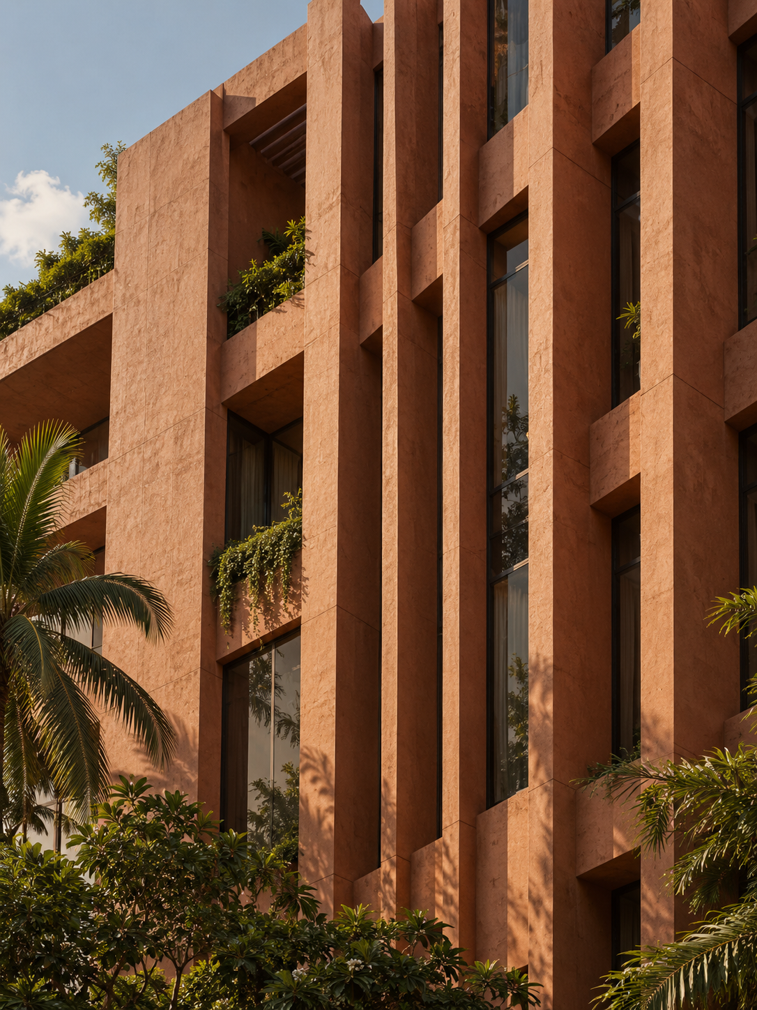 Architectural illustration of a contemporary terracotta building with tropical greenery
